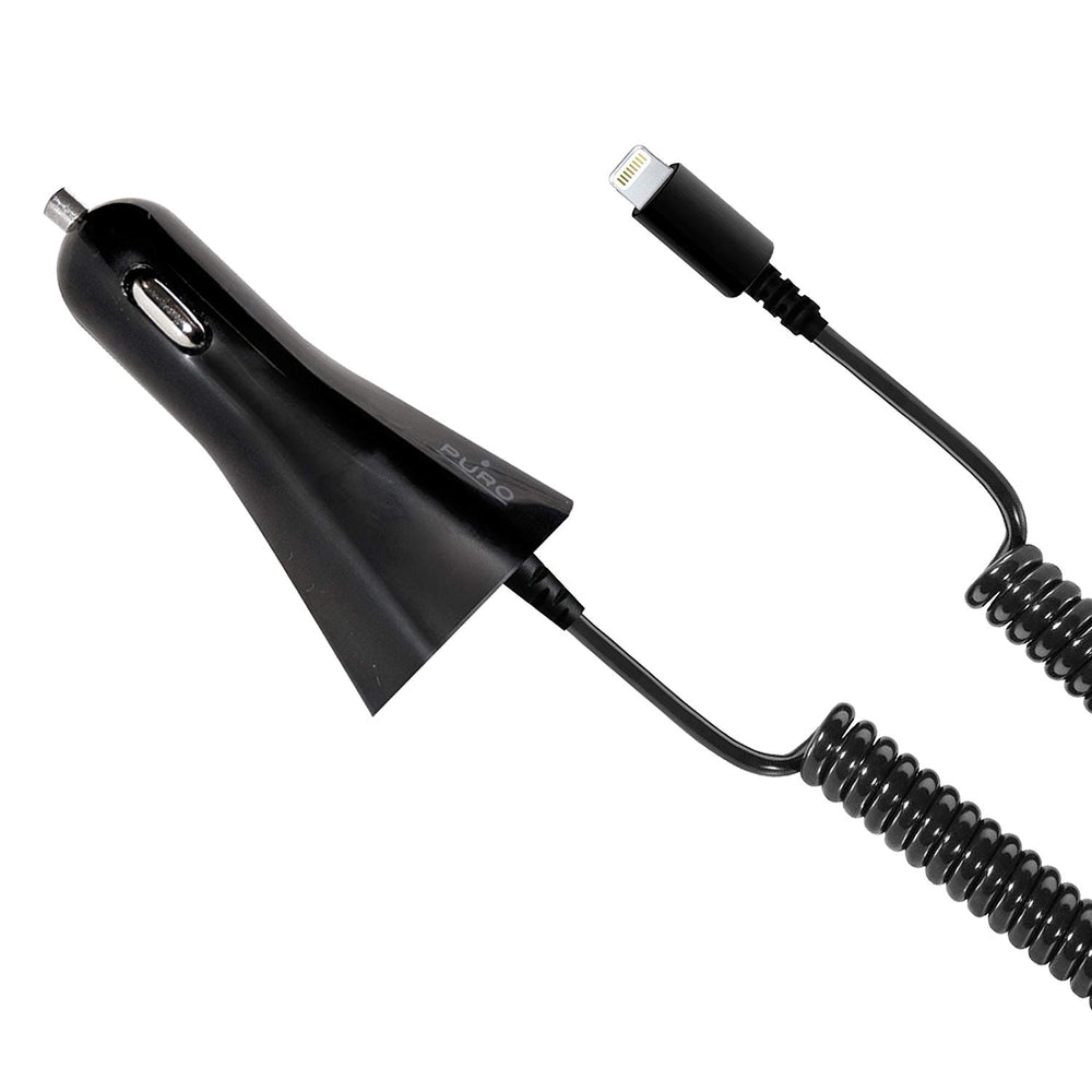 Cargador coche PURO conector 8 pins 1A cable rizado 1.5m negro.
