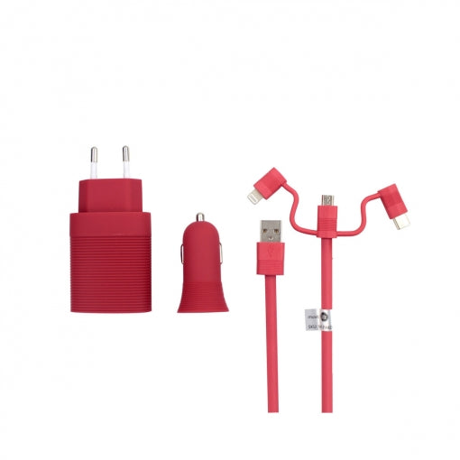 Pack Muvit Life cargador de coche usb+cargador de casa usb+cable 3 en 1 rojo