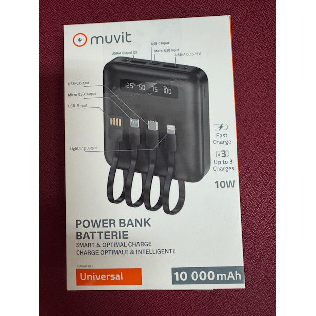 Power Bank Muvit 10000mAh con 2 USB-A + Micro USB + USB-C *Emb.dañado, nuevo*