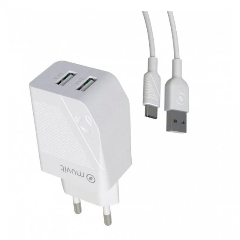 Muvit Cargador de Carga Rápida 2x USB + Cable 1.2m Blanco