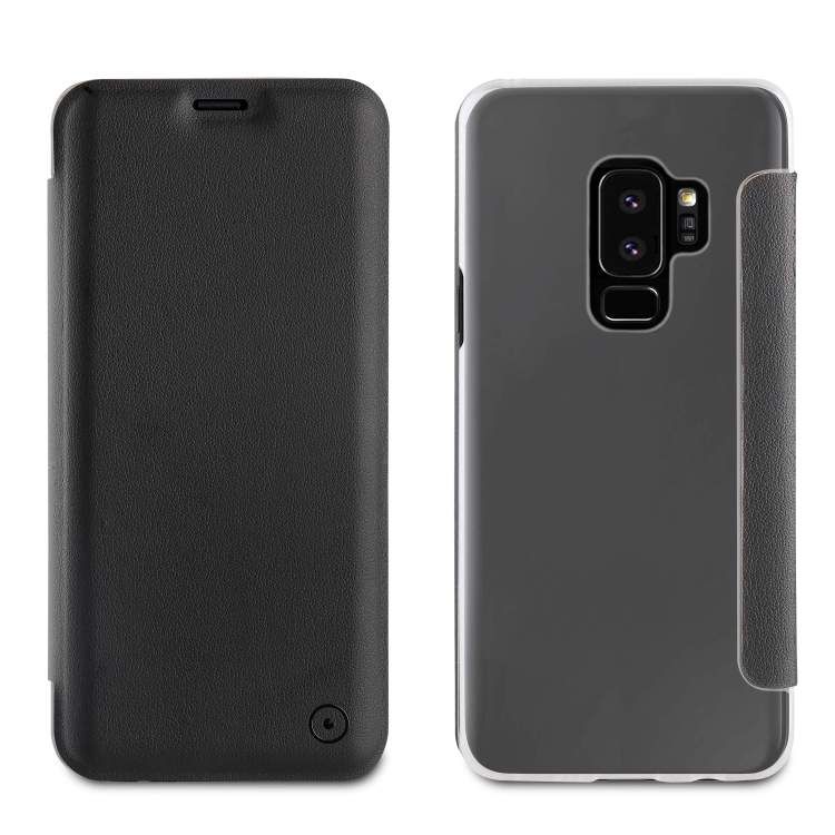 Funda Muvit Folio Samsung Galaxy S9 Plus parte trasera transparente negra.