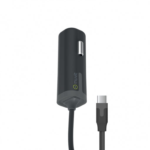 Cargador coche Muvit Tipo C 3A cable rizado 1.2m negro (SIn abrir)