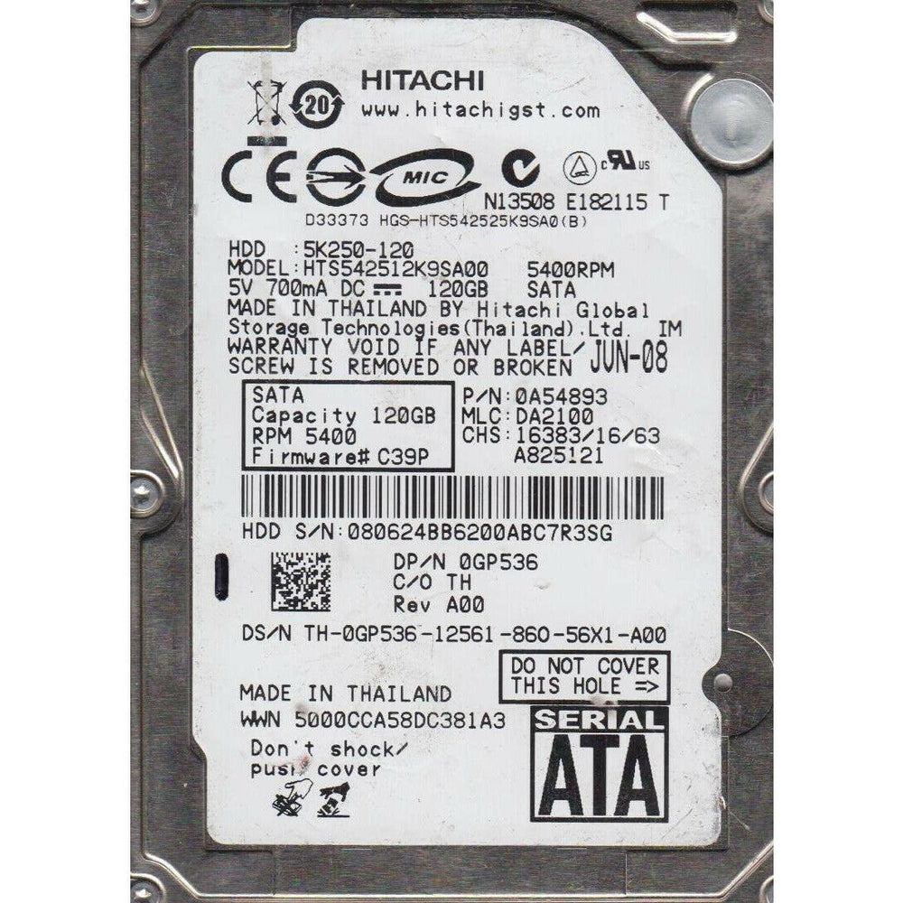 Disco Duro Hitachi HTS542512K9SA00 2,5» 120GB SATA 5400RPM Usado