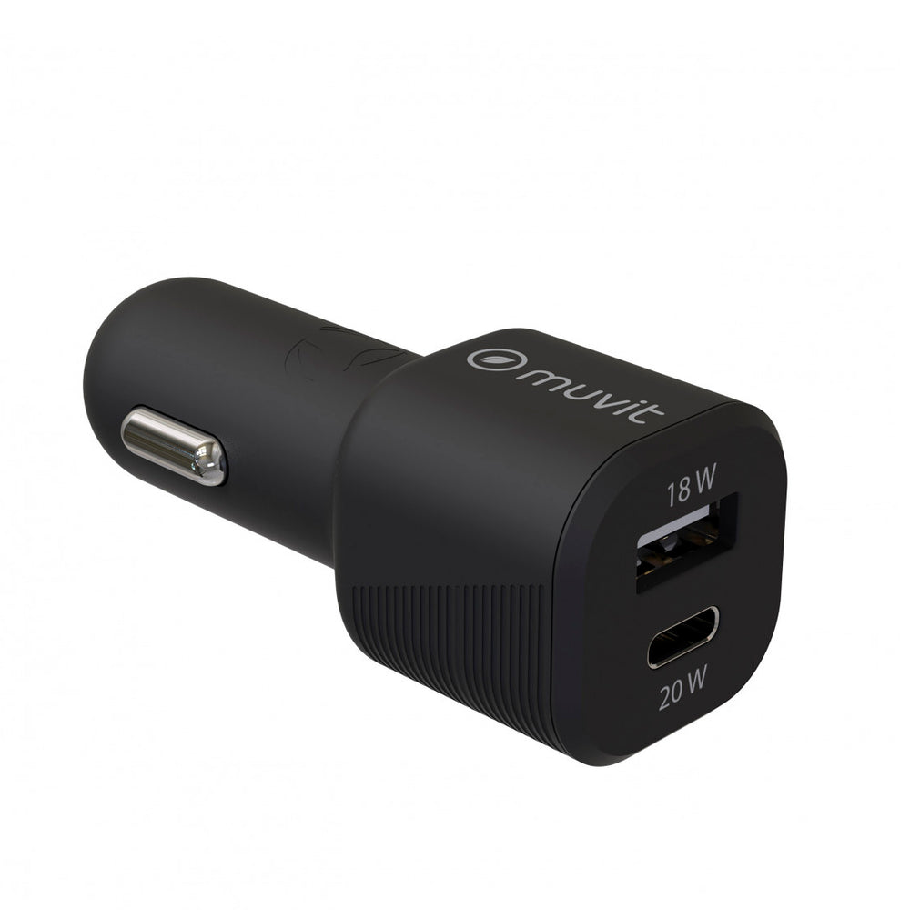 Cargador coche Muvit for Change 1 USB QC 3.0 18W+1 Tipo C PD 20W negro