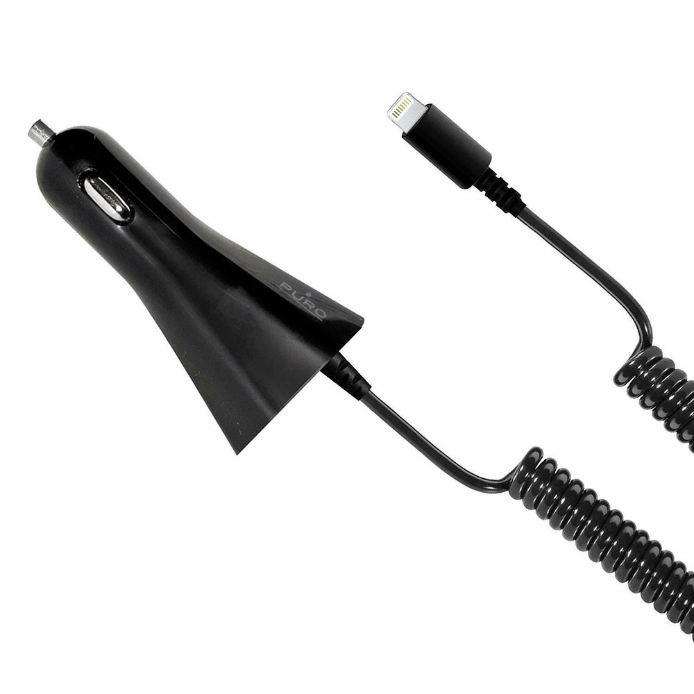 Cargador coche PURO conector 8 pins 2.1A cable rizado 1.5m negro