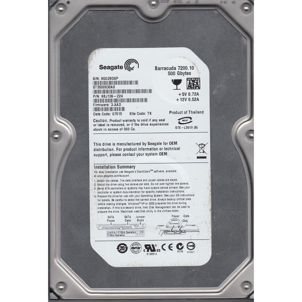 Disco Duro Seagate Barracuda 500GB SATA 3,5″ 7200RPM ST3500830AS Usado