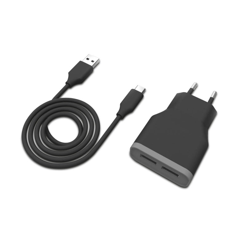 Pack Muvit transformador USB 2 puertos 2.4A + cable 1m Tipo C negro.