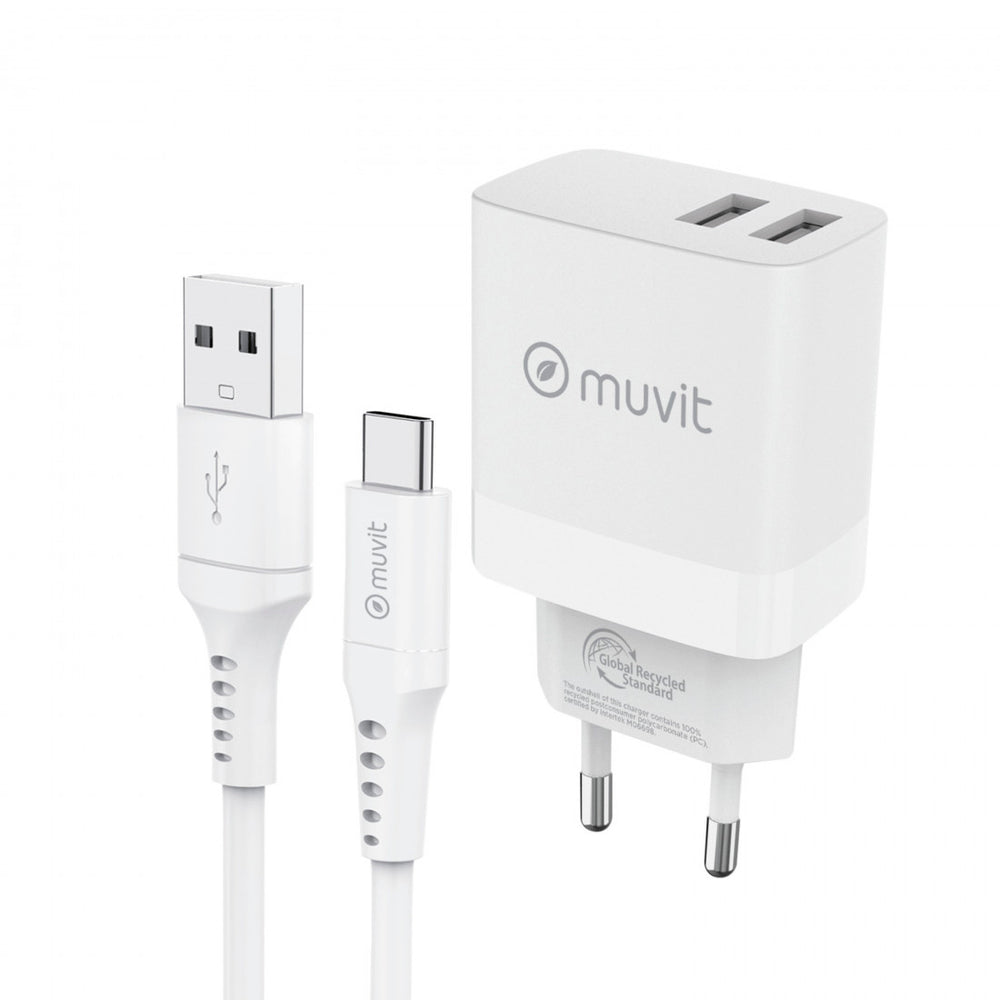Pack Muvit for change cargador de pared 2 USB 3,4A/18W+Cable Tipo C 3A/60W 1,2m
