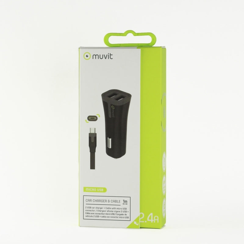 Pack Muvit Cargador coche 2 USB + cable 2.4A 1m Micro USB negro.