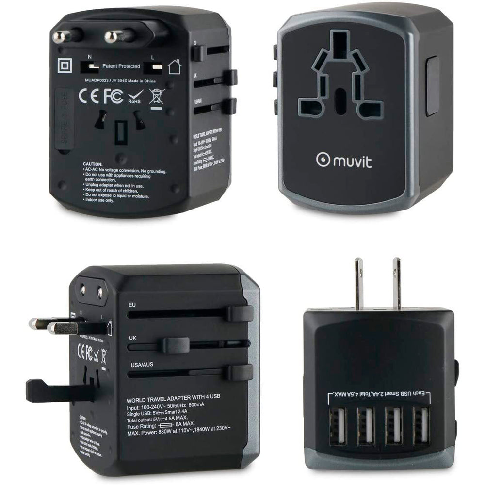 Adaptador viaje universal Muvit iO (EU,UK,US,AU) 4USB 5V 4,5A negro y gris