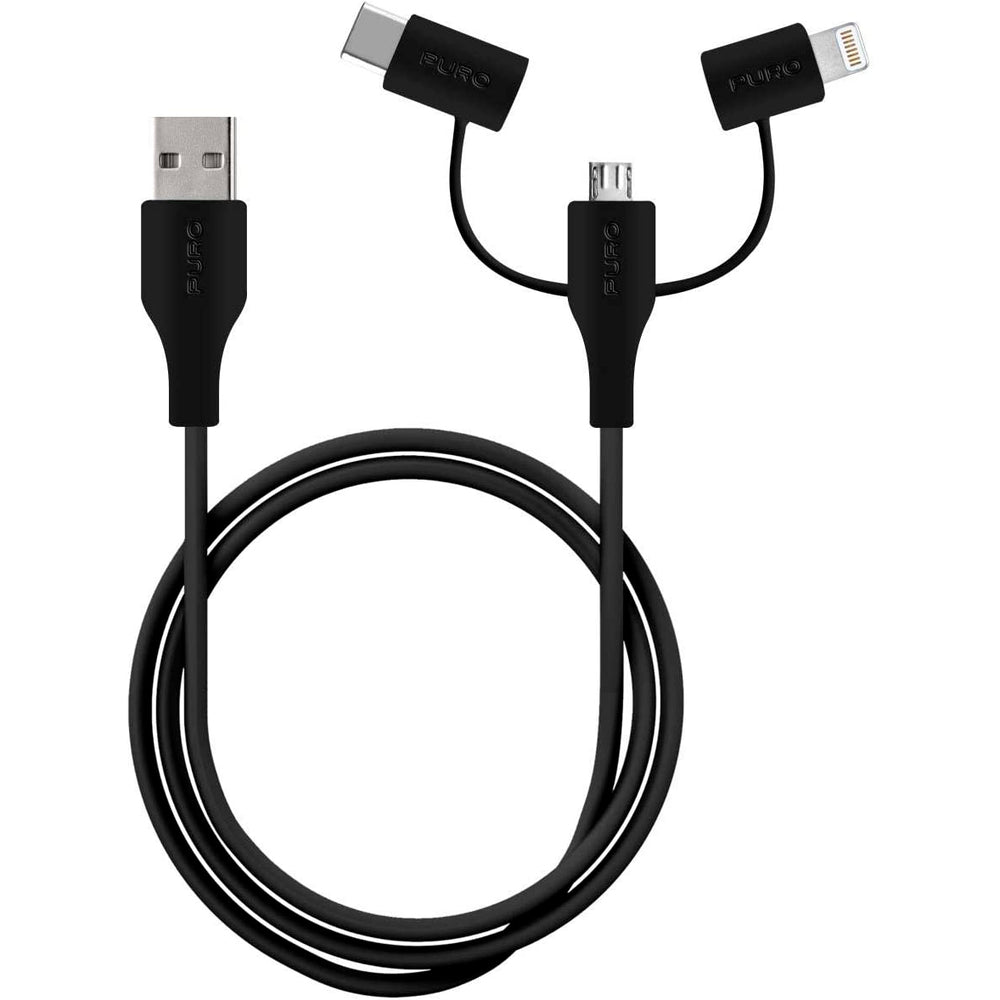 Cable Puro 3 en 1 de USB a Micro-Apple-Adaptador Tipo-C USB 2.0 1 m Negro