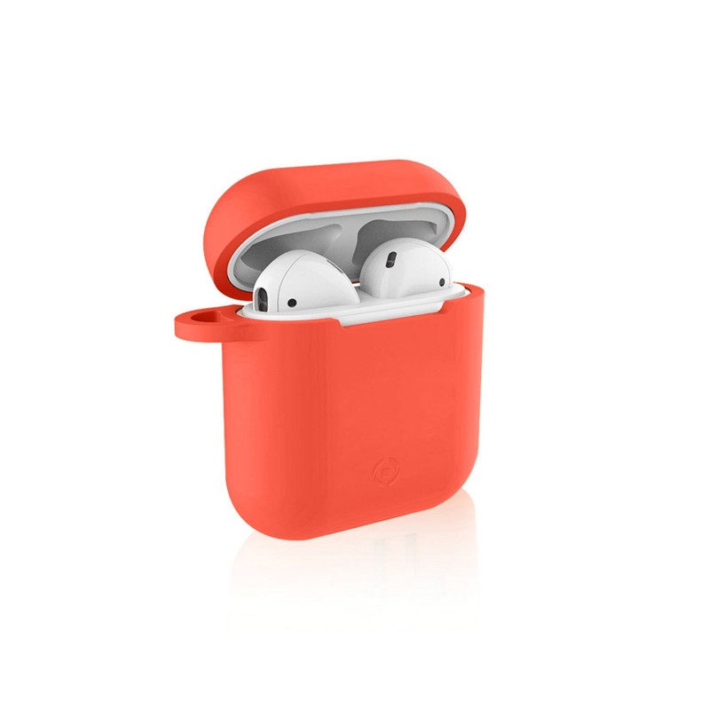 Celly Aircase Funda de Silicona Naranja para Air Pods + Ganchos Deportivos.