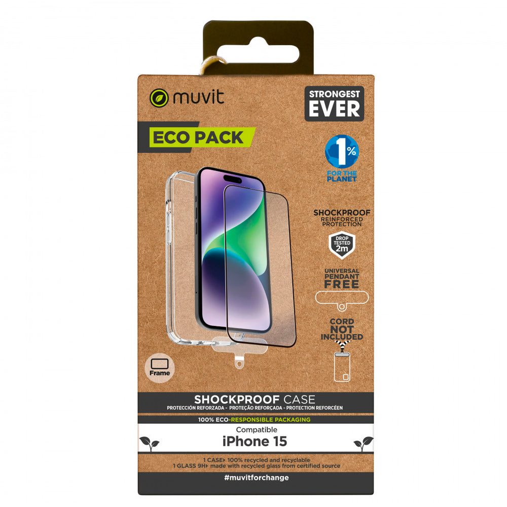 Pack Muvit for Change Apple iPhone 15 funda+protector pantalla vidrio templado