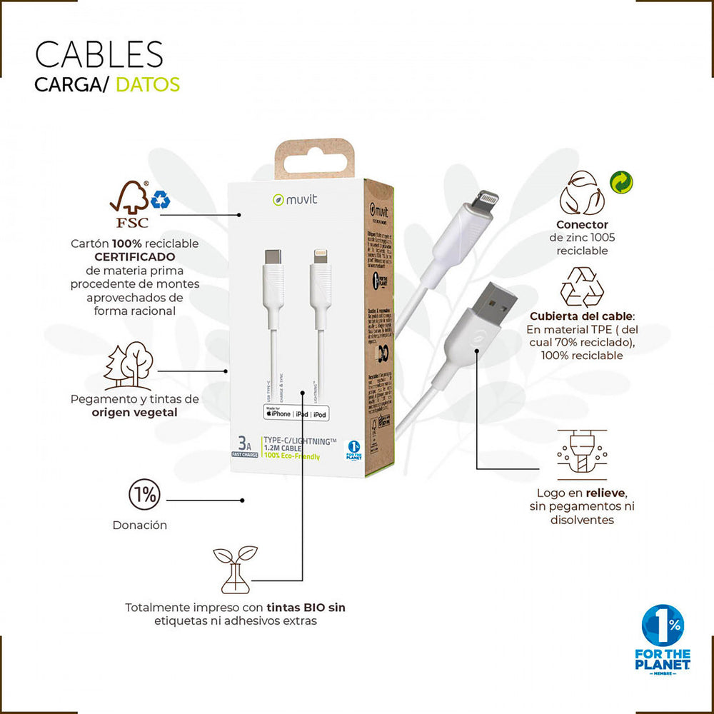Cable Muvit for Change Tipo C a Apple MFI 3A 1,2m blanco