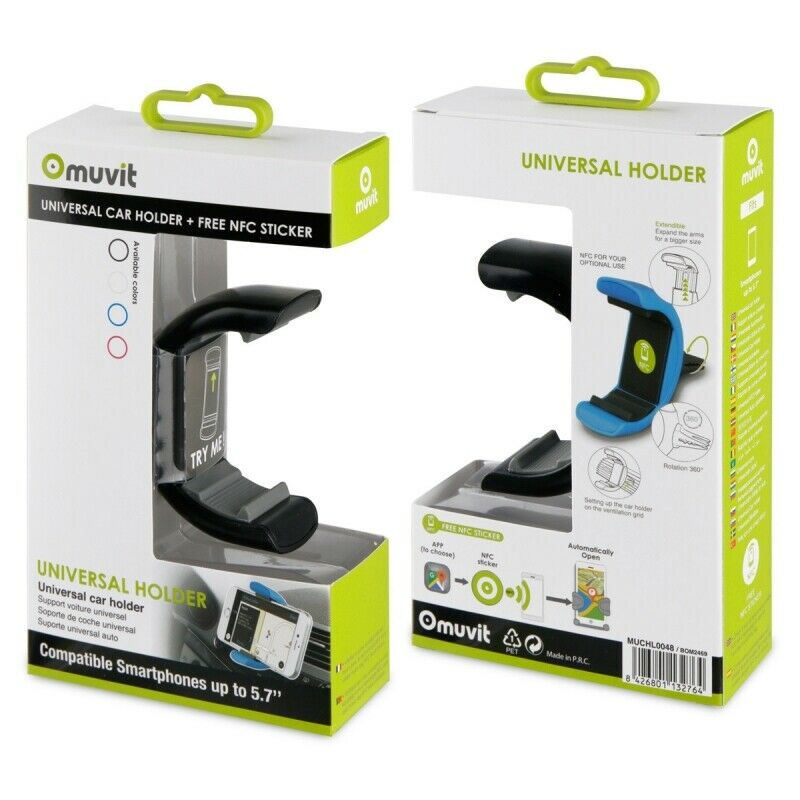 Soporte de Coche Muvit universal salida de aire rotativo 360. Hasta 6,3» negro