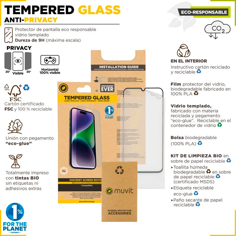 Protector Pantalla Muvit Cristal Templado Plano Recycletek para iPhone 15 ProMax