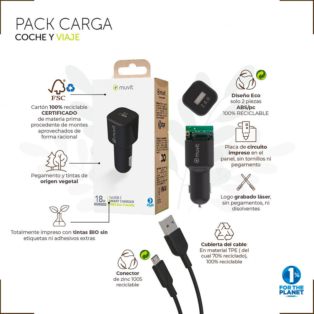 Pack Muvit for Change Cargador coche USB 2 puertos 2.4A + cable 1.2m tipo C