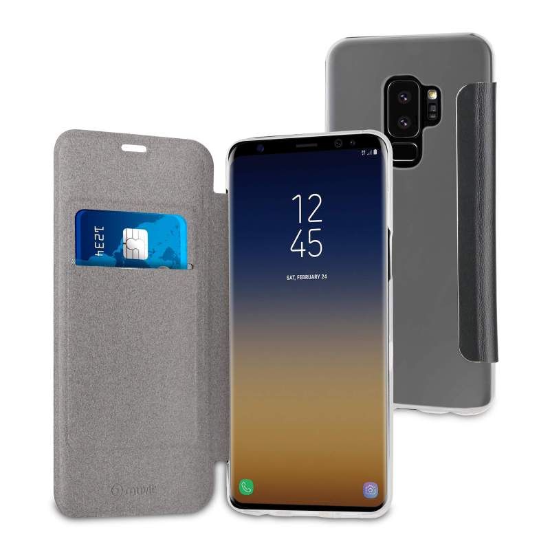 Funda Muvit Folio Samsung Galaxy S9 Plus parte trasera transparente negra.