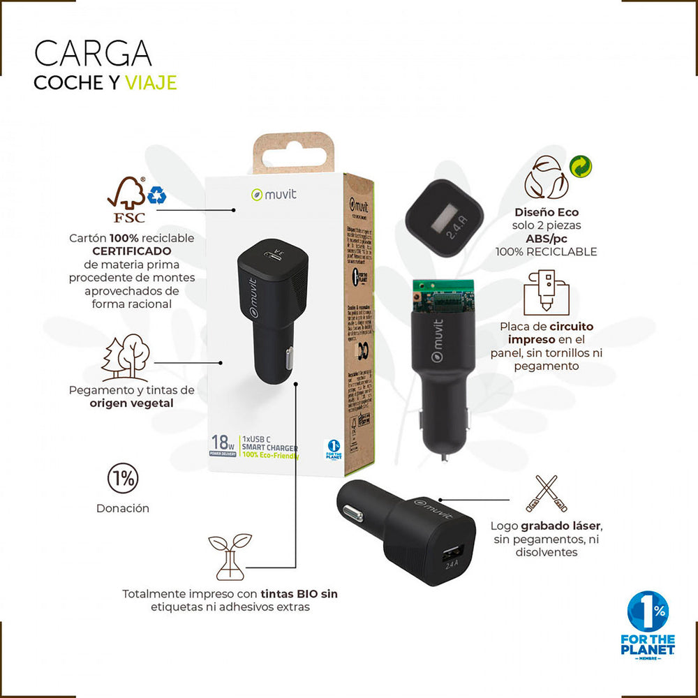 Cargador coche Muvit for Change 1 USB QC 3.0 18W+1 Tipo C PD 20W negro