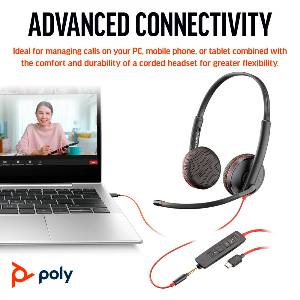 Auriculares estéreo Poly Blackwire 3225 + conector de 3,5 mm + adaptador USB-C/A