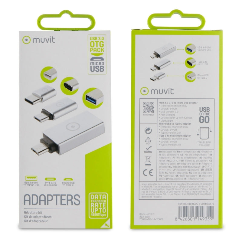 Pack Adaptador USB Muvit OTG 3,0 Micro USB+Micro USB a Tipo C+Tipo C a micro USB
