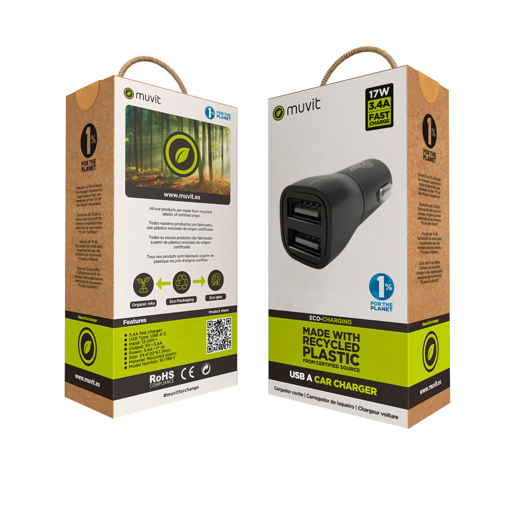 Cargador coche Muvit for Change 2 USB 3,4A/18W negro (NUEVO)