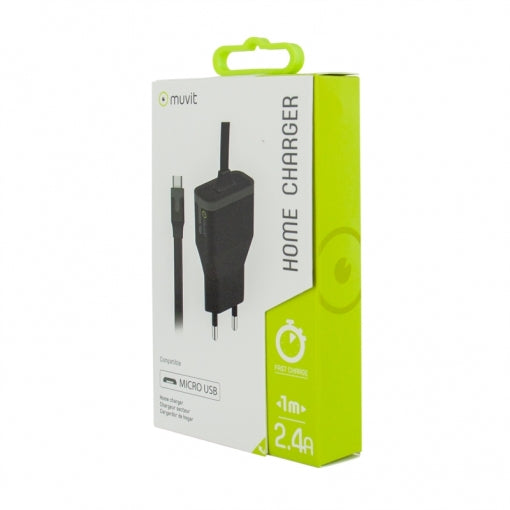 Cargador para movil Micro USB. Transformador Muvit Micro USB 2.4A Cable 1m Negro