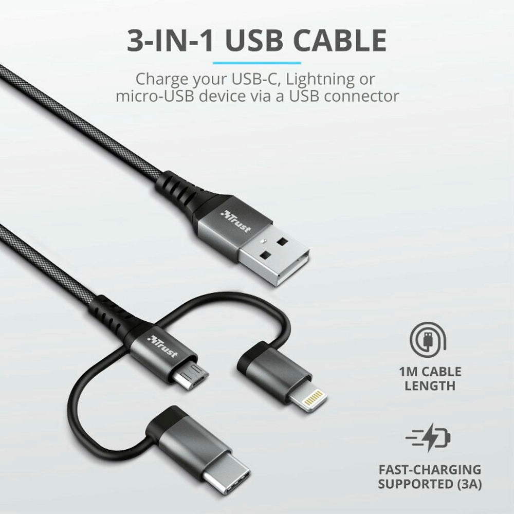 Cable Trust Keyla 3 en 1 USB-C, Lightning y Micro-USB a USB Negro 1 m