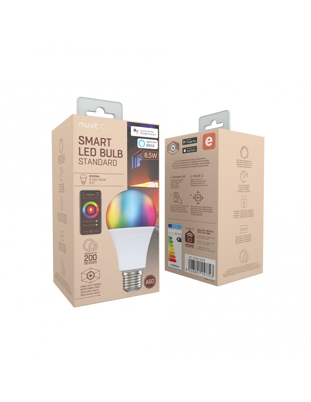 Bombilla inteligente Muvit A60 E27/8,5W/800lm RGB+BlancosD60*H110