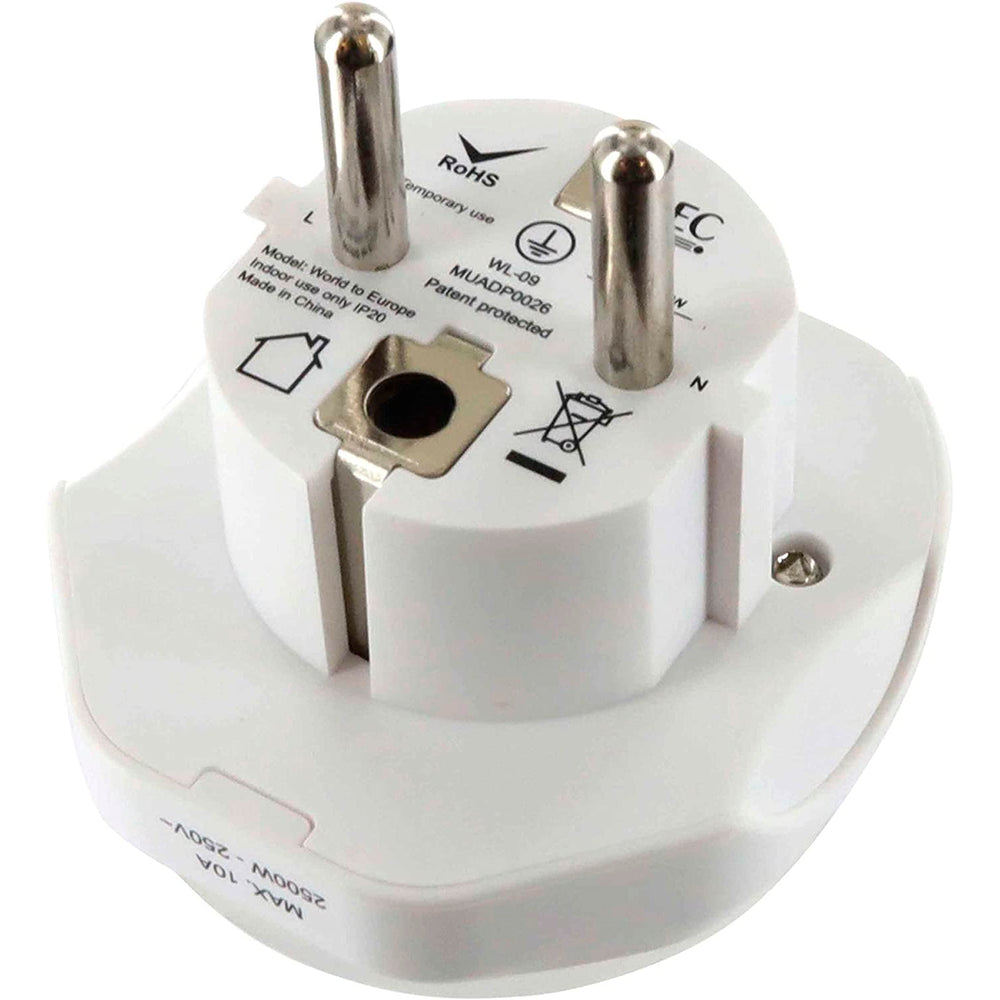 Adaptador viaje universal Muvit (EU,UK,US,AU) Max. 10A / 2500W Blanco (NUEVO)