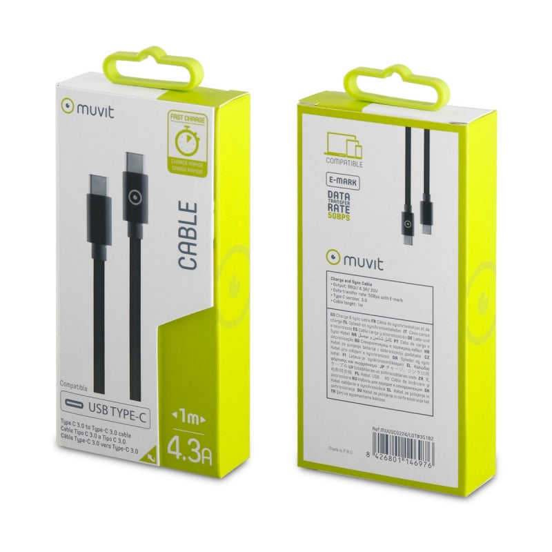 Cable Muvit Tipo C 3.0 a Tipo C 3.0 5GBPS 4.3A E-mark 1m negro