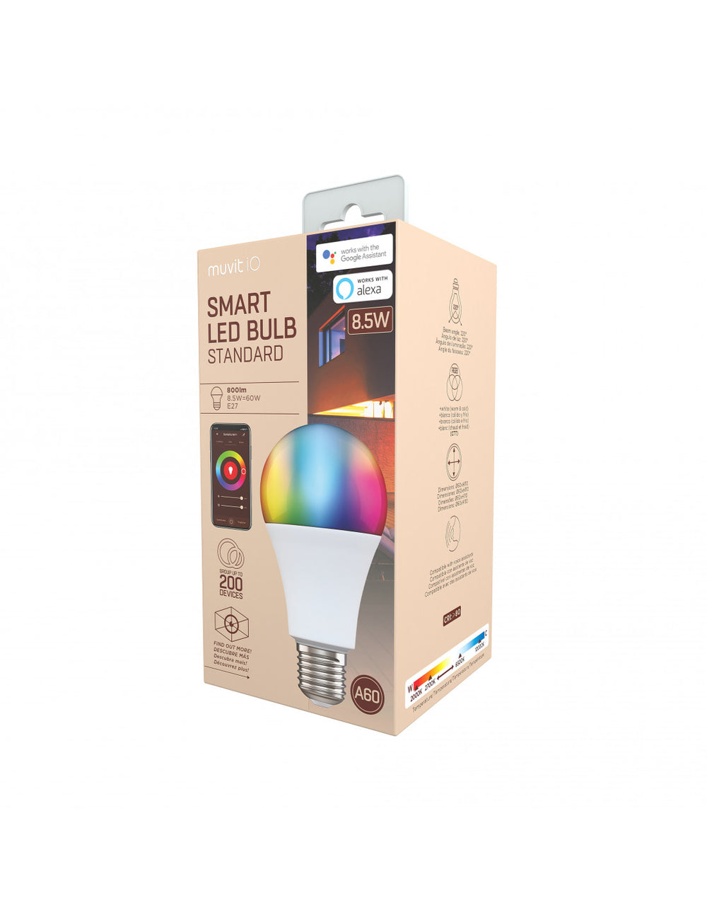 Bombilla inteligente Muvit A60 E27/8,5W/800lm RGB+BlancosD60*H110