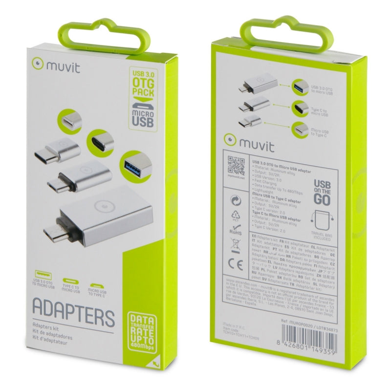 Pack Adaptador USB Muvit OTG 3,0 Micro USB+Micro USB a Tipo C+Tipo C a micro USB