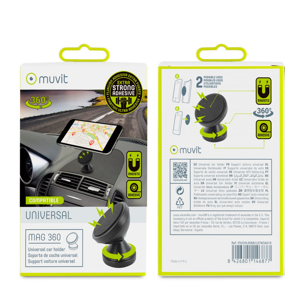 Soporte de Coche Muvit universal para salpicadero magnético rotativo 360 Negro