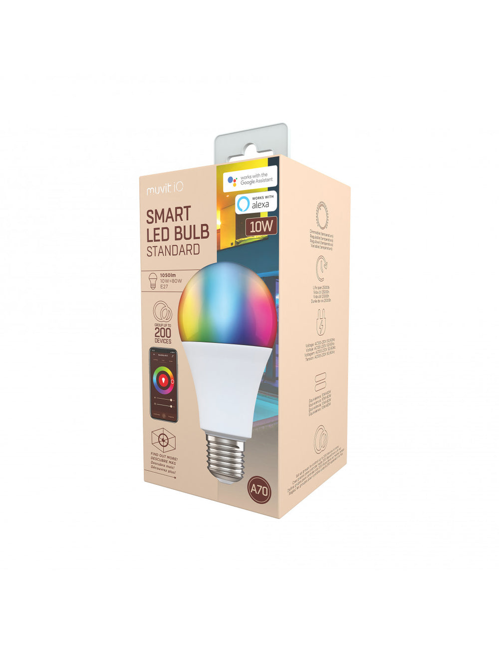 Bombilla inteligente Muvit A70 E27/10W/1050lm RGB+Blancos D70*H130 Usado