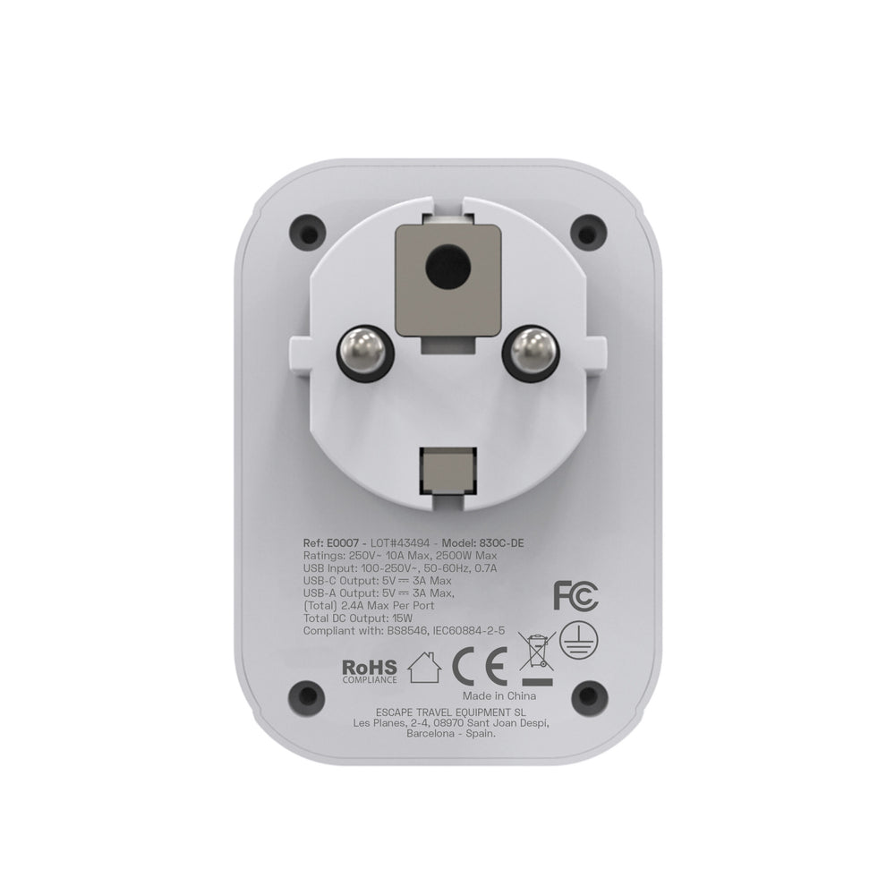 Scape Travel Adaptador de viaje Internacional a Schuko con 1 USB-C + 2 USB-A 15W