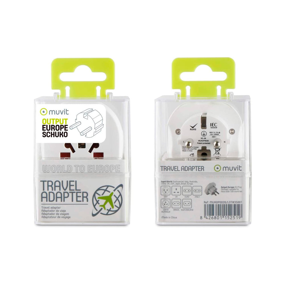 Adaptador viaje universal Muvit (EU,UK,US,AU) Max. 10A / 2500W Blanco (NUEVO)