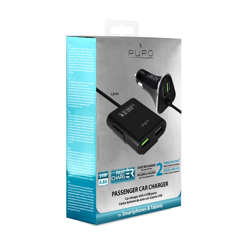 Cargador Coche/Camión 12/24v PURO 2 USB+2 USB 6,8Amp 1,8m Fast Charger 34W