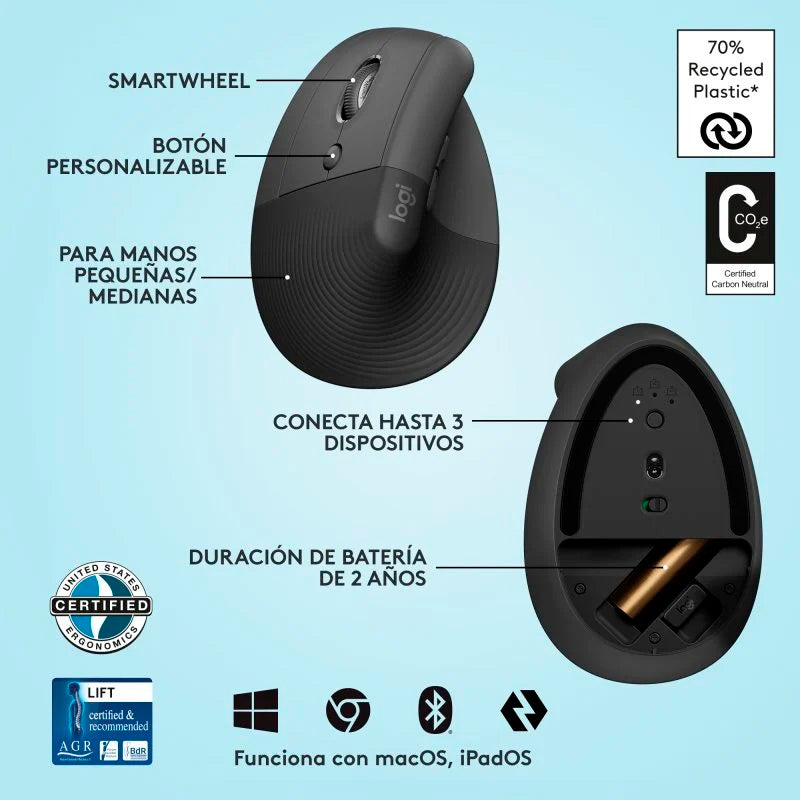 Logitech Lift Ratón Inalámbrico Vertical para Zurdos 4000 DPI Gris-Negro Usado *