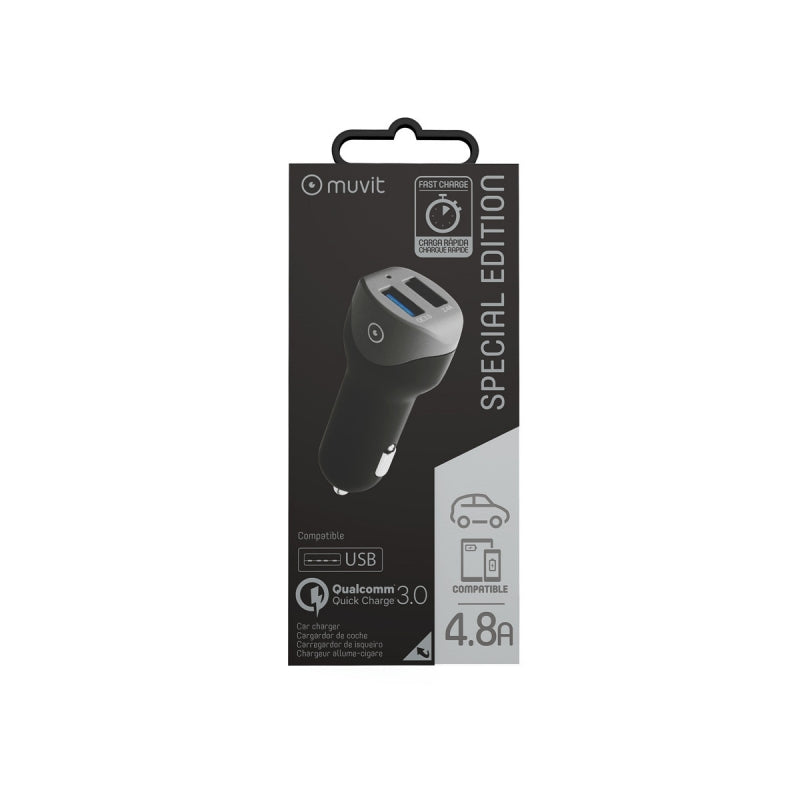 Cargador coche Muvit 2 USB Qualcomm QC 3.0 + 2.4A smart IC negro.