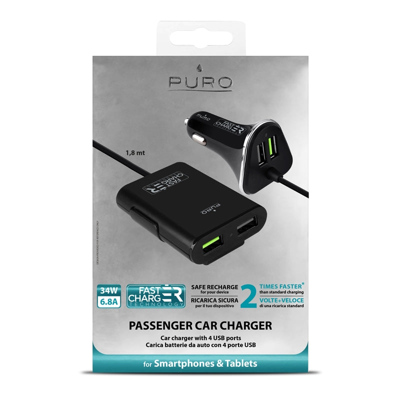 Cargador Coche/Camión 12/24v PURO 2 USB+2 USB 6,8Amp 1,8m Fast Charger 34W