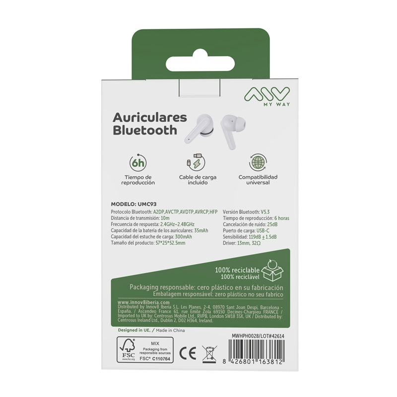 Auriculares estéreo Myway Bluetooth ANC+ENC blancos