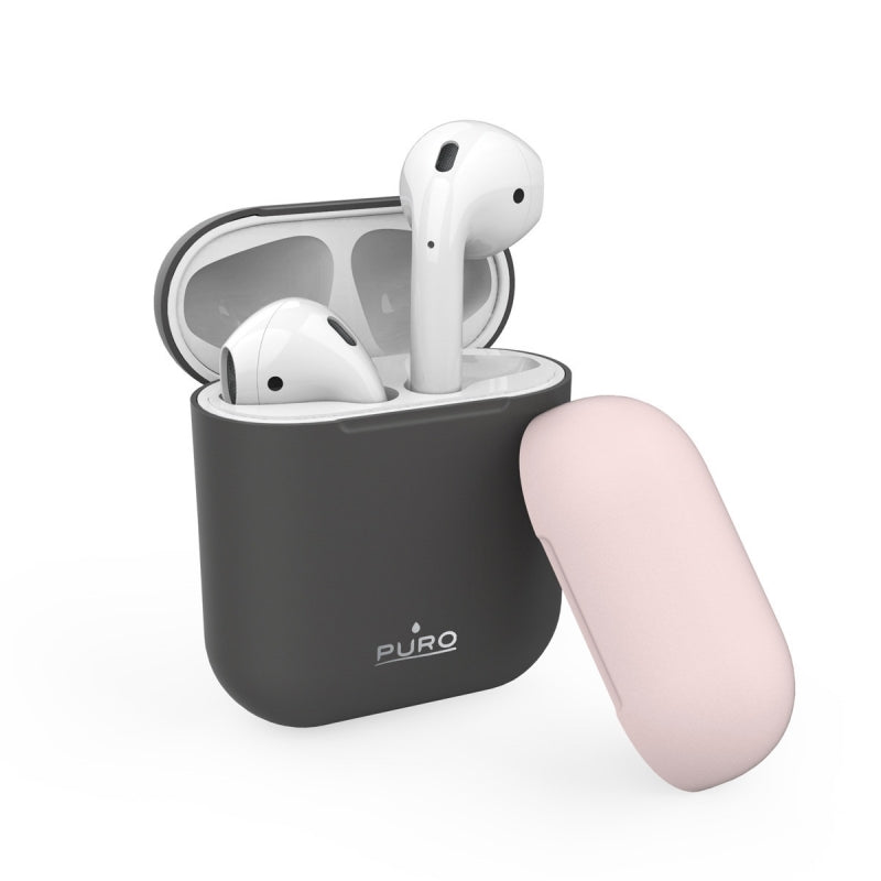 Estuche Puro funda silicona Air pods gris + tapa adicional rosa.