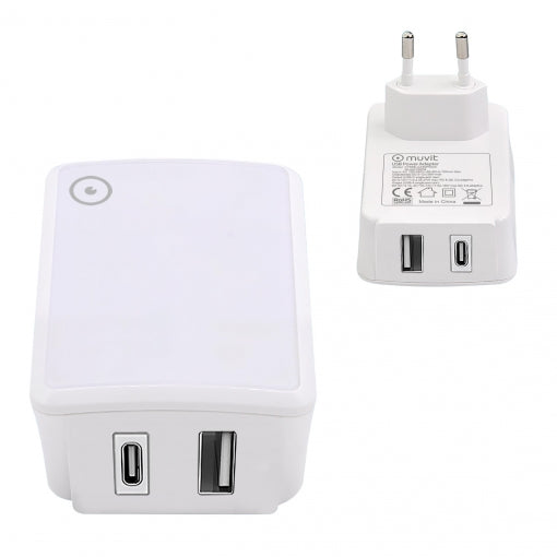 Transformador Muvit 1 USB QC3.0 18W max + Tipo C PD QC 3.0 27W. Para IPhone 12