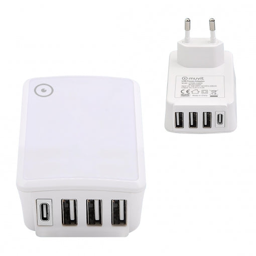 Transformador Universal Muvit 3 USB + 1 Tipo C 5V/5A carga inteligente blanco