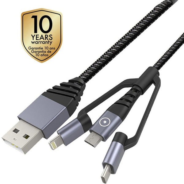 Cable Muvit Tiger USB Micro USB+Apple MFI+Type C 2.4A 1,2m gris