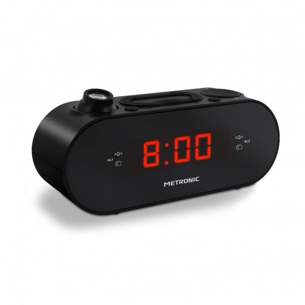 Radio reloj Metronic FM con proyección de alarma dual – Negro Usada
