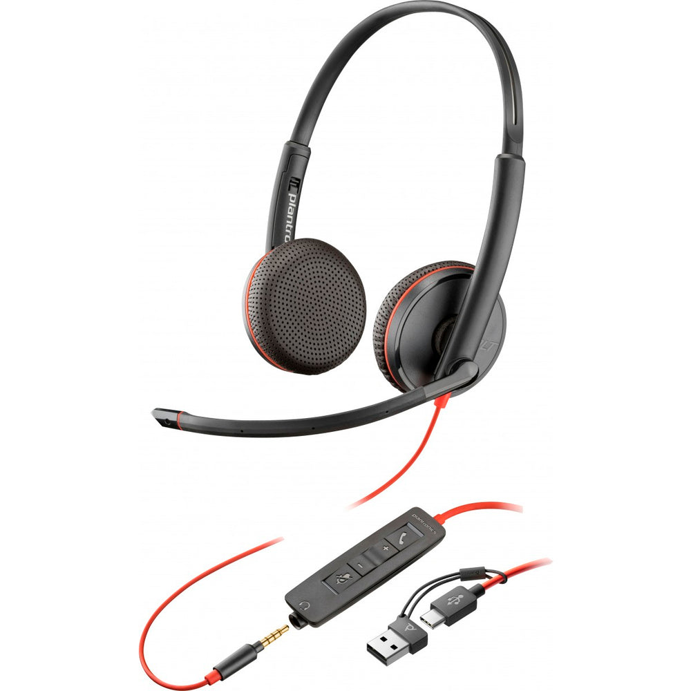Auriculares estéreo Poly Blackwire 3225 + conector de 3,5 mm + adaptador USB-C/A