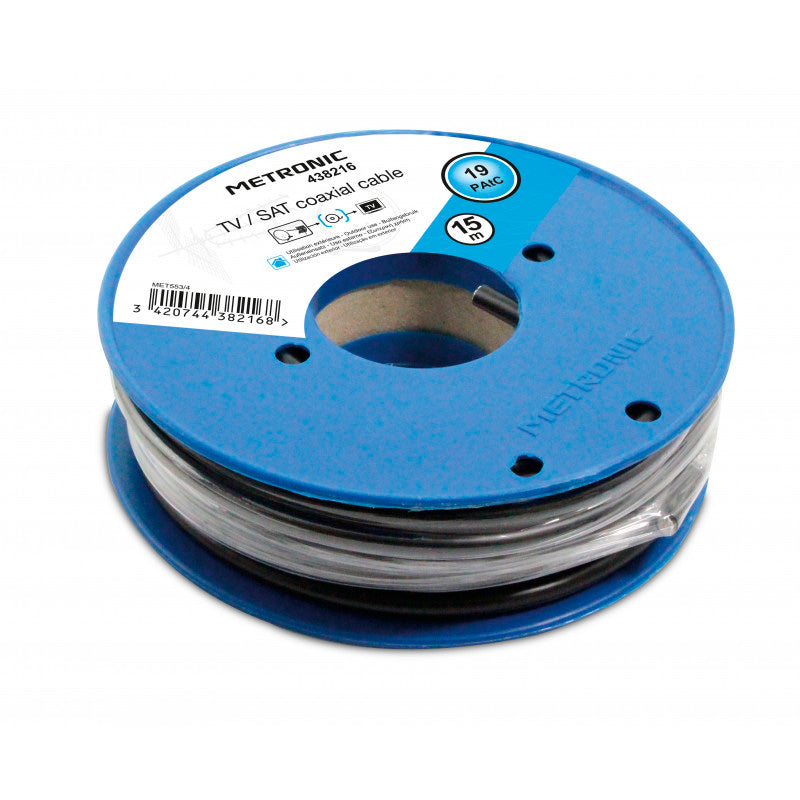 Bobina de cable coaxial Metronic 438216 TV satélite 19 PAtC 15 m. color negro