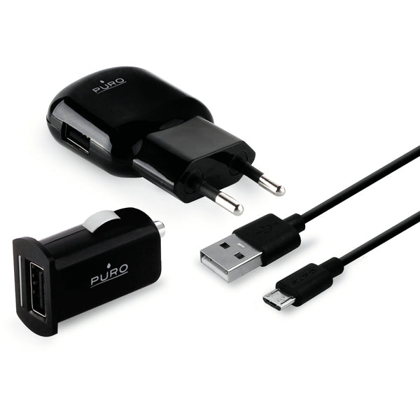 Kit Cargador de pared y coche 5W con cable MicroUSB negro